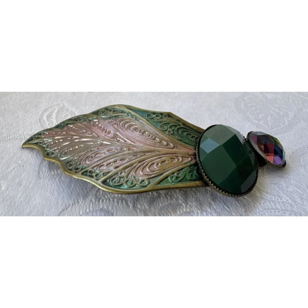 Cara NY Green Gold Rhinestone Feather Hair Barrette Pin Steampunk NEW